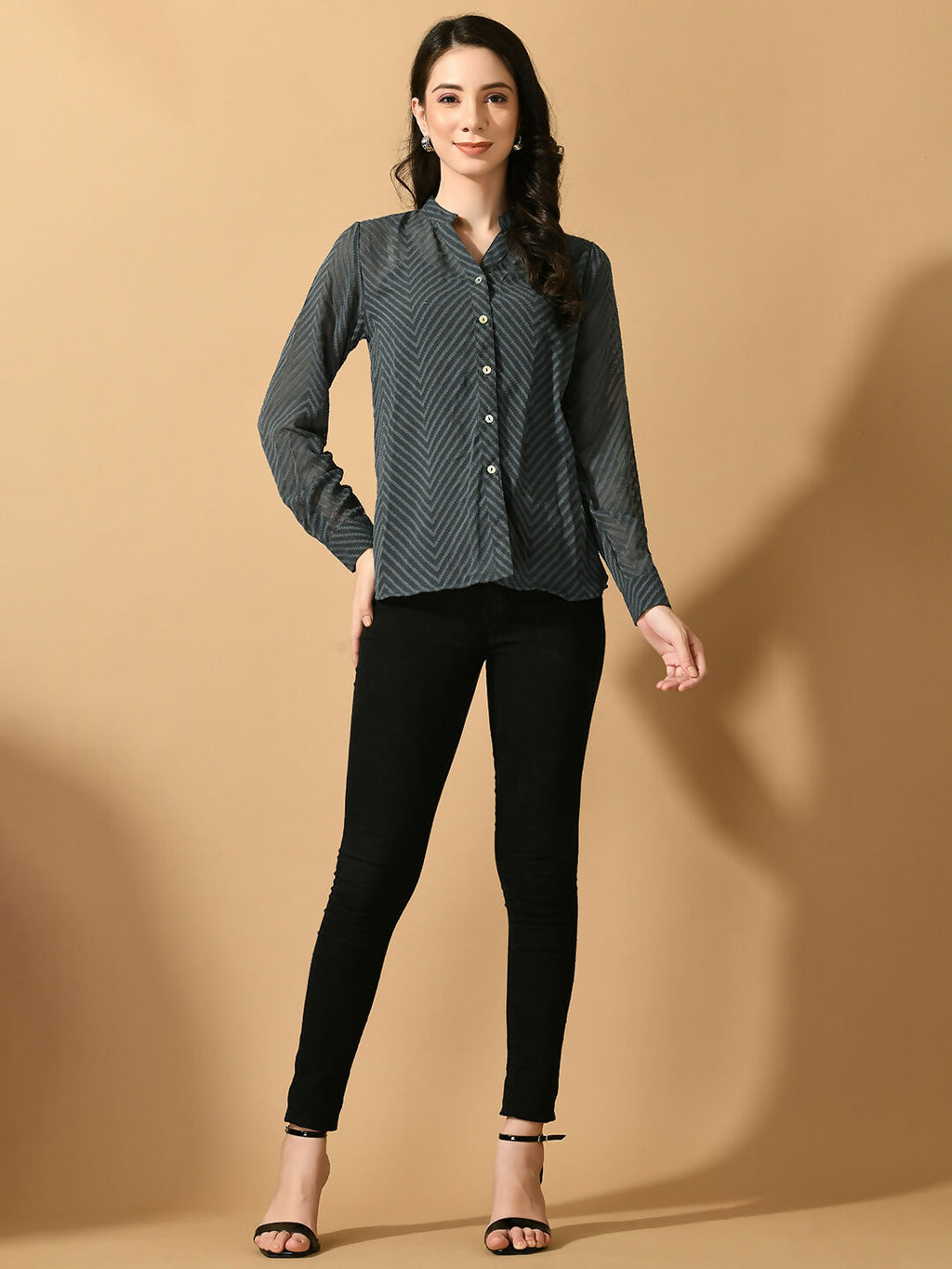 Myshka Women's Grey Georgette Solid Sheer Shirt