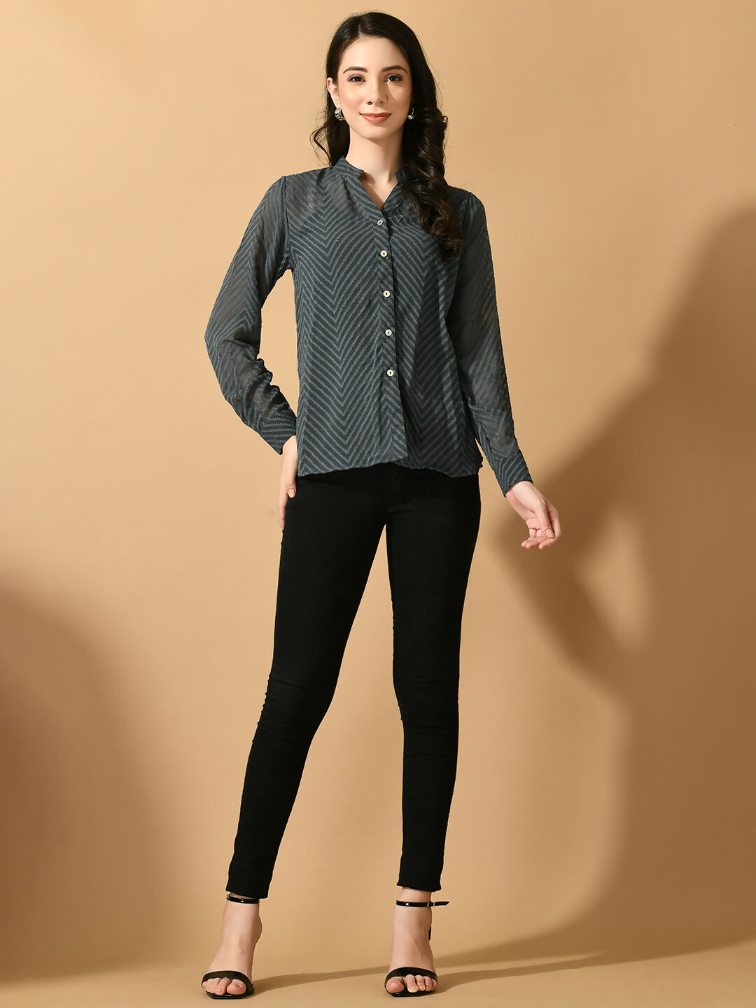 Myshka Women's Grey Georgette Solid Sheer Shirt