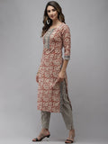 Yufta Women Beige And Rust Printed Kurta with Trouser & With Dupatta