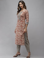 Yufta Women Beige And Rust Printed Kurta with Trouser & With Dupatta