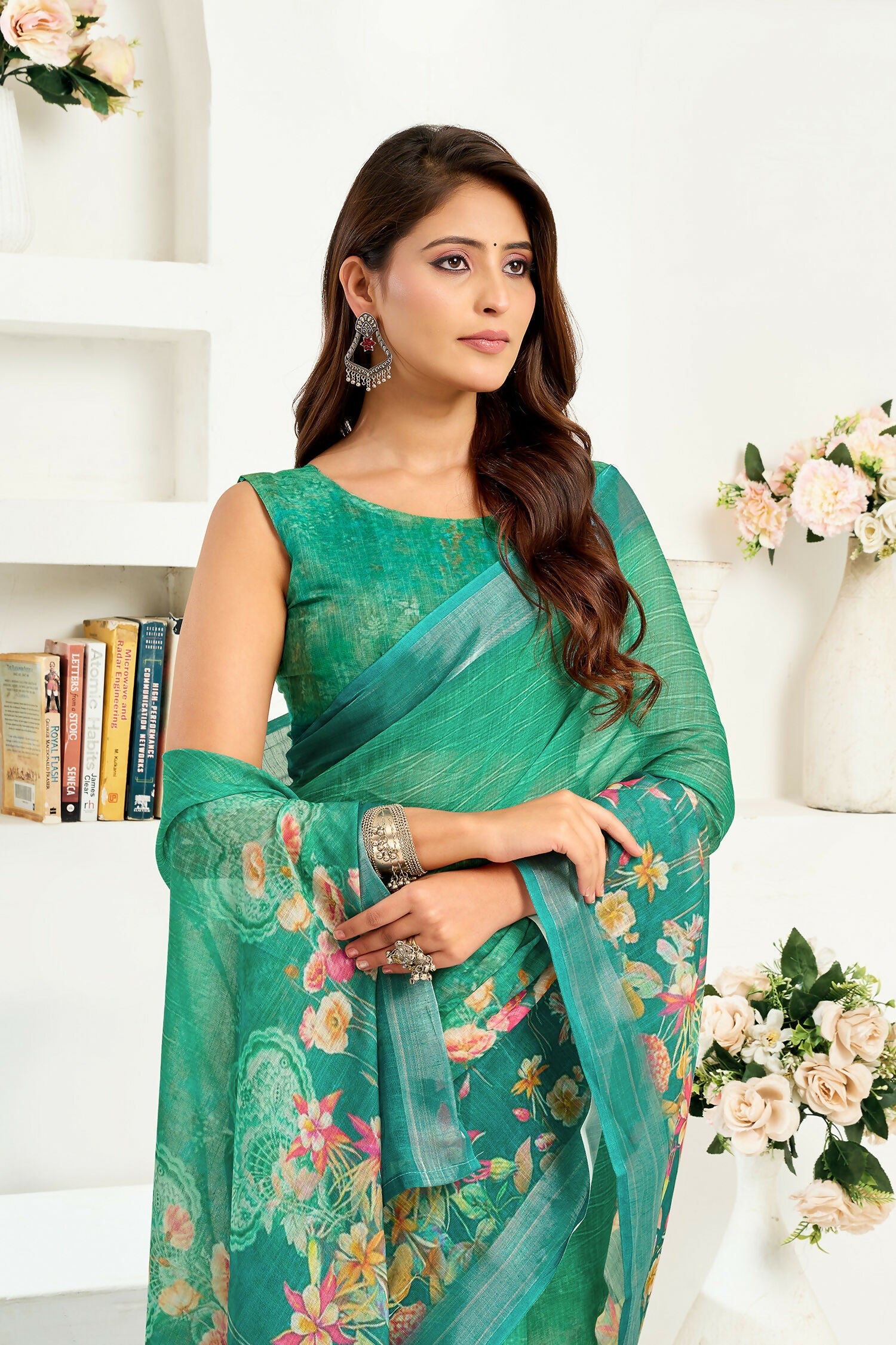 Joban Fashion Rama Green Floral Linen Ready To Wear Saree With Unstitched Blouse - Distacart