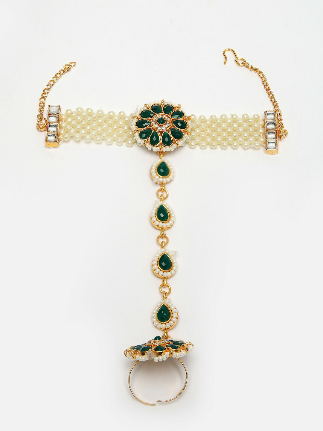 NVR Women's Green Gold-Polished Stone Studded Handcrafted Ring Bracelet - Distacart