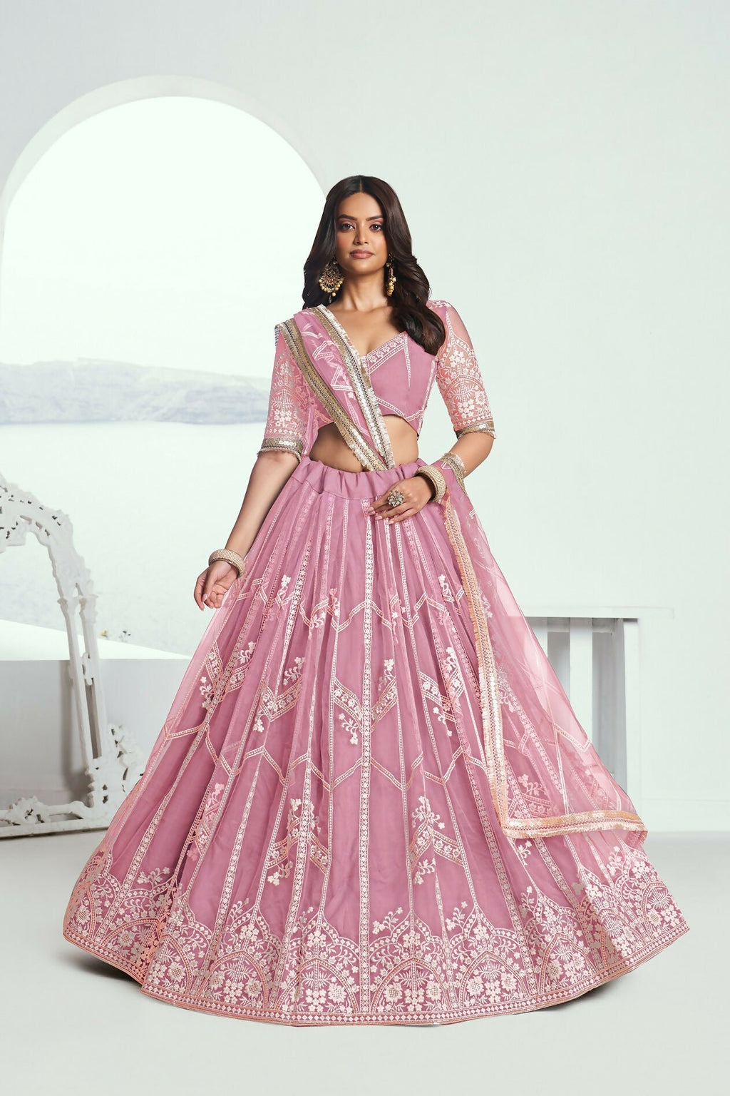 Eilara Glamorous Pink Thread Embroidered Work Net Wedding Lehenga Choli