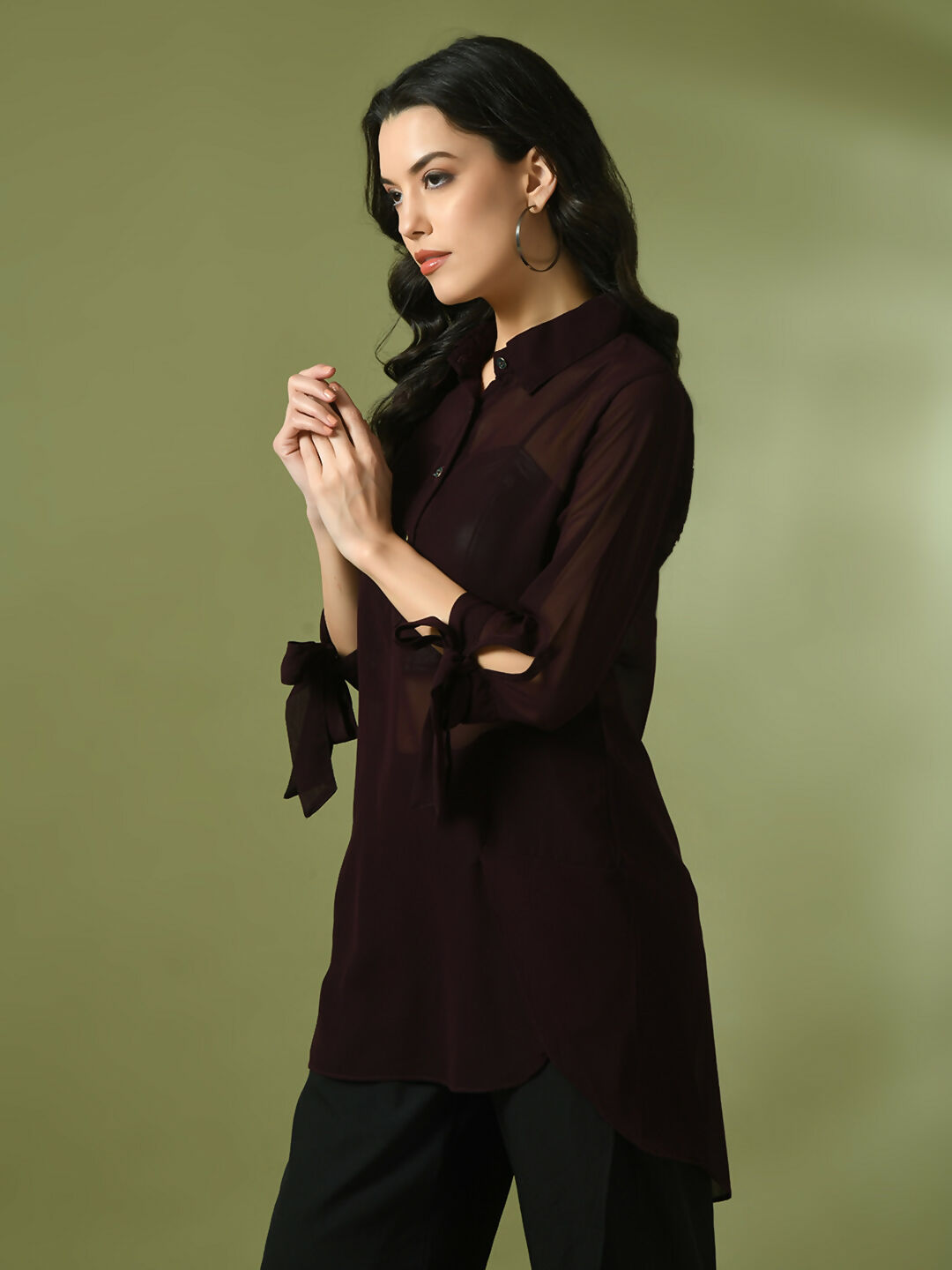 Myshka Women's Coffee Brown Solid Georgette Longline Party Sheer Tunic