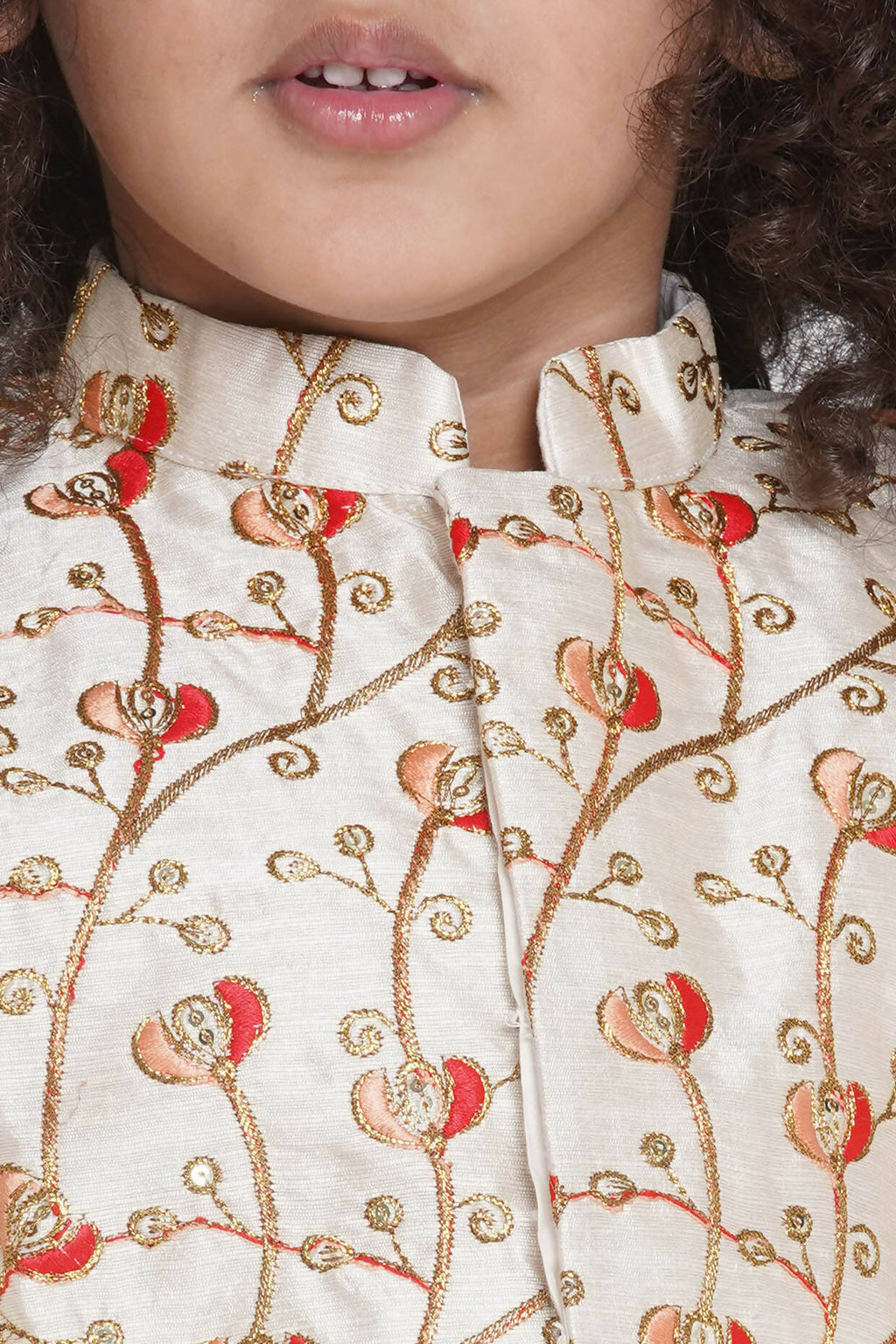 Little Bansi Banarsi Red Tulip Embroidery Jacket With Cotton Kantha kurta And Kantha Dhoti - Cream