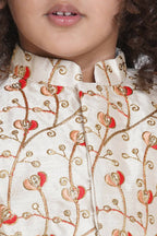 Little Bansi Banarsi Red Tulip Embroidery Jacket With Cotton Kantha kurta And Kantha Dhoti - Cream