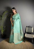 Joban Fashion Light Blue Banarasi Soft Lichi Silk Checks & Woven Saree - Distacart