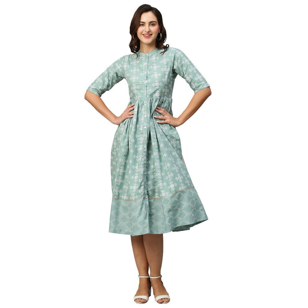 Green & Off-White Ethnic Motifs Printed Cotton A-Line Dress - Poonam - Distacart
