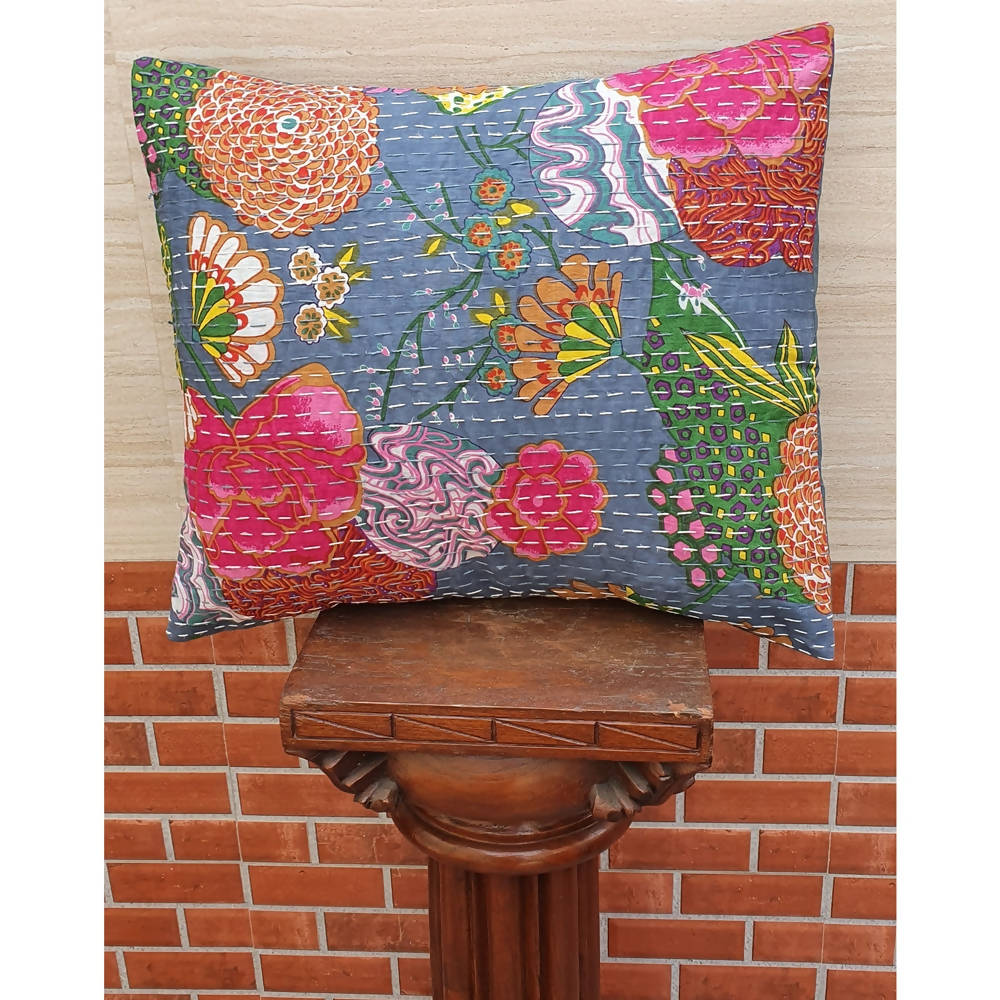 The Decor Nook Grey Base With Multicolour Flowers Print Cushion Cover