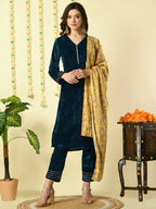 Myshka Women's Teal Velvet Kurta & Trousers With Dupatta Party Sets