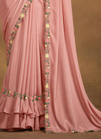 Pink Crepe Georgette Silk Designer Saree with Unstitched Blouse - Norita Mahitha