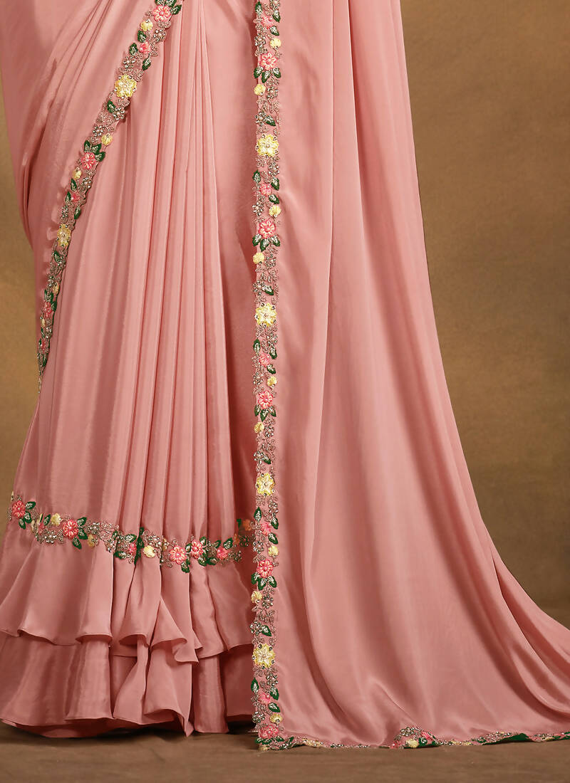 Pink Crepe Georgette Silk Designer Saree with Unstitched Blouse - Norita Mahitha