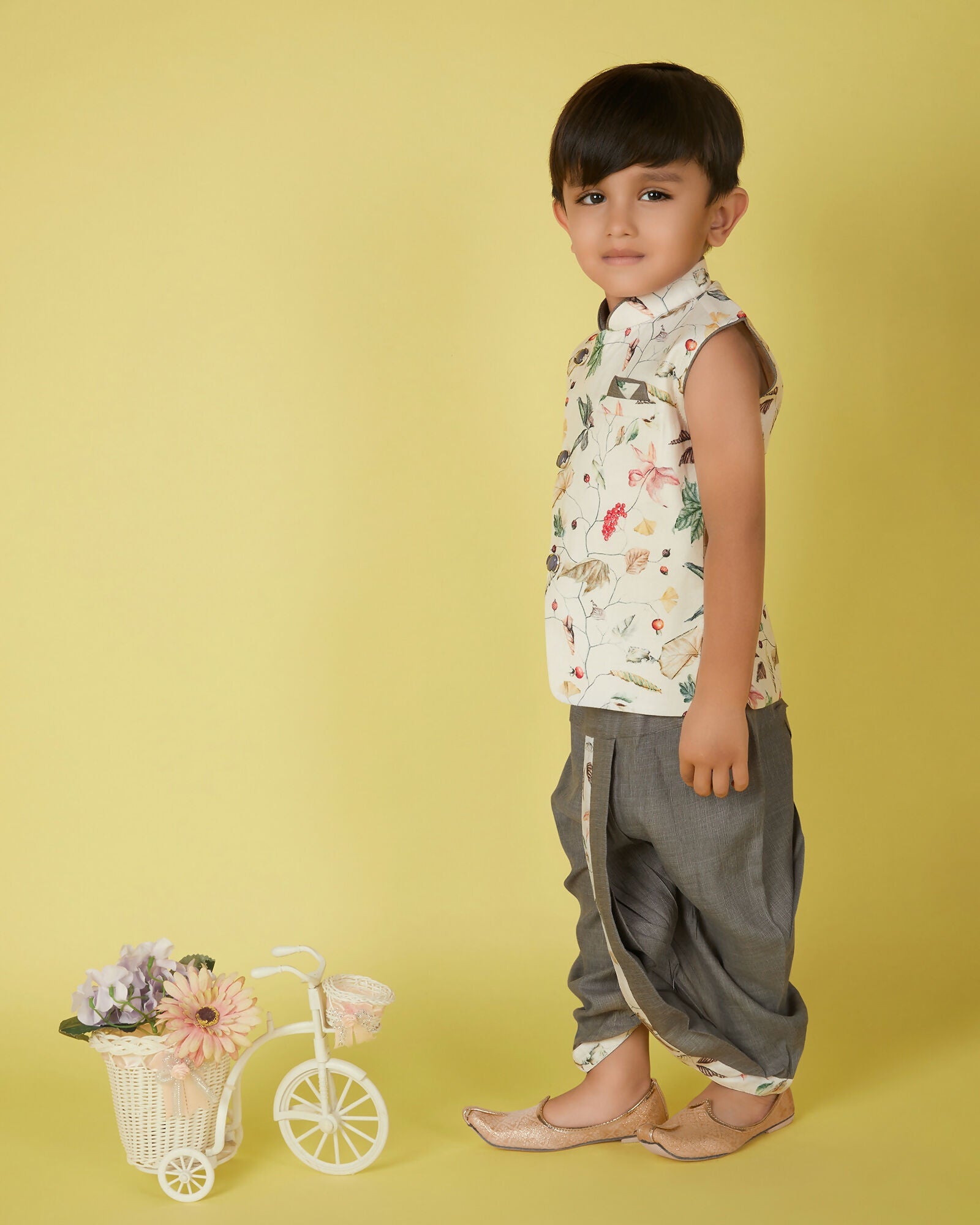 Joban Fashion Kids Island Cotton Sleeveless printed Kurta and Solid Dhoti - Cream - Distacart