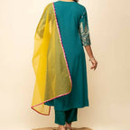 FIORRA Women's Teal Blue Crepe A-Line Kurta Pant with Dupatta