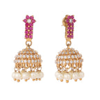 Nuyug 22K Gold Plated Pearl 7 Colored Stone Studded Contemporary Shaped Pink Mini Jhumkas - Distacart