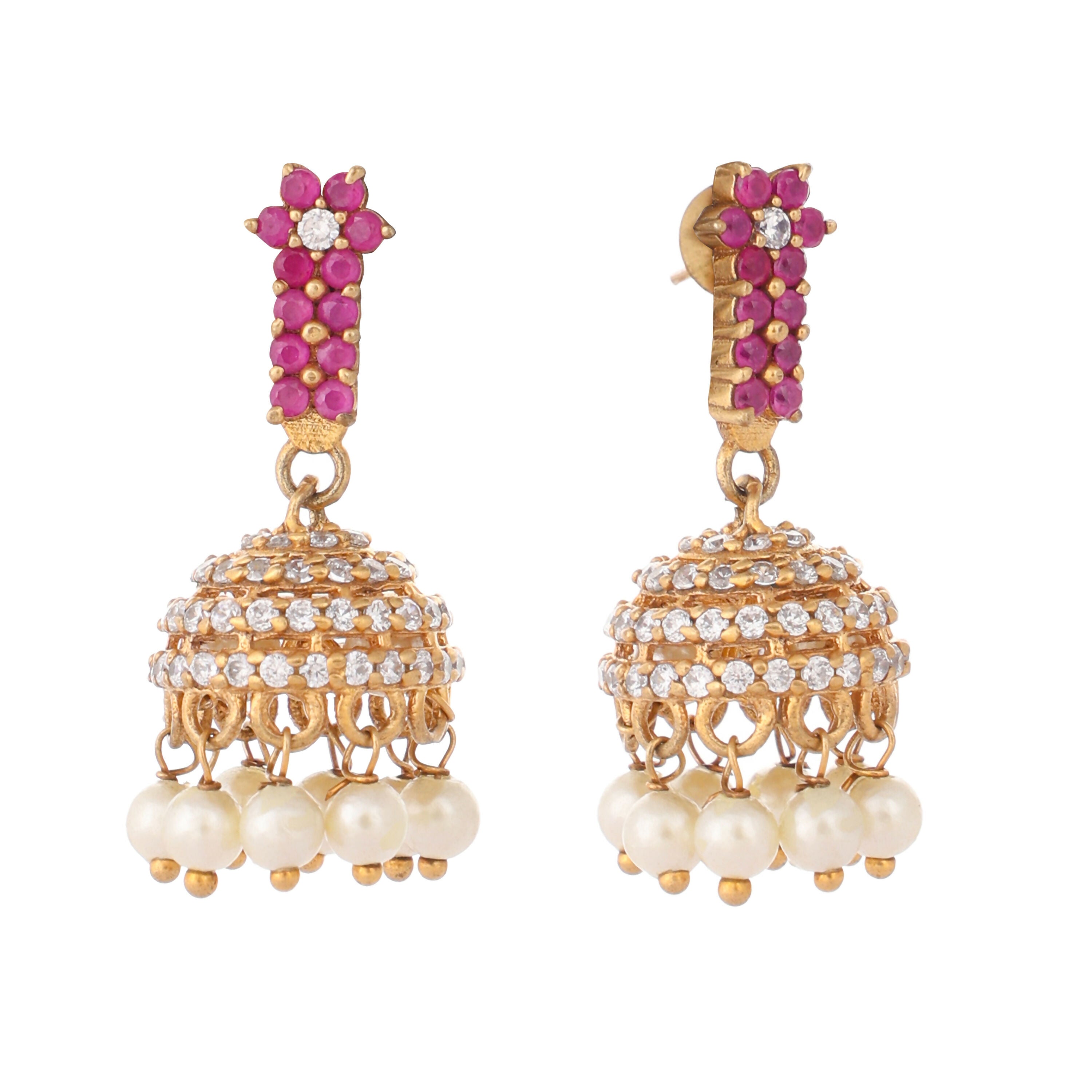 Nuyug 22K Gold Plated Pearl 7 Colored Stone Studded Contemporary Shaped Pink Mini Jhumkas - Distacart