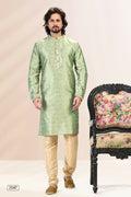 Raivat Ethnic Jacquard Banarasi Silk Pintux Work Kurta Pajama In Green Colour