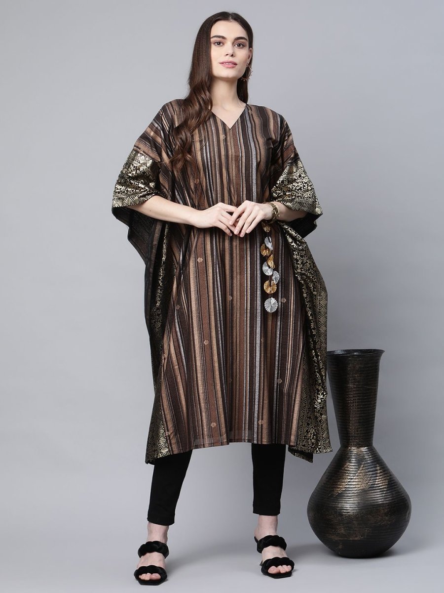 Ahalyaa Women Brown Georgette Gold Silver Printed Kaftan Kurta - Distacart