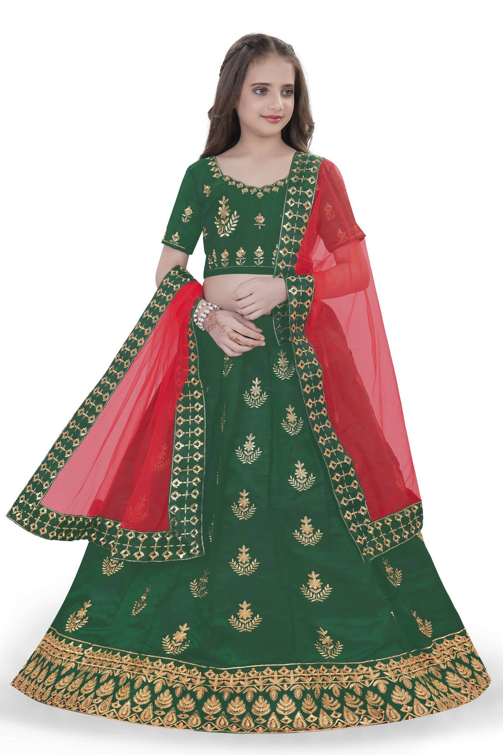 Dwiden Green Kamal Tafetta Sattin Semi-Stitched Girl's Lehenga Choli