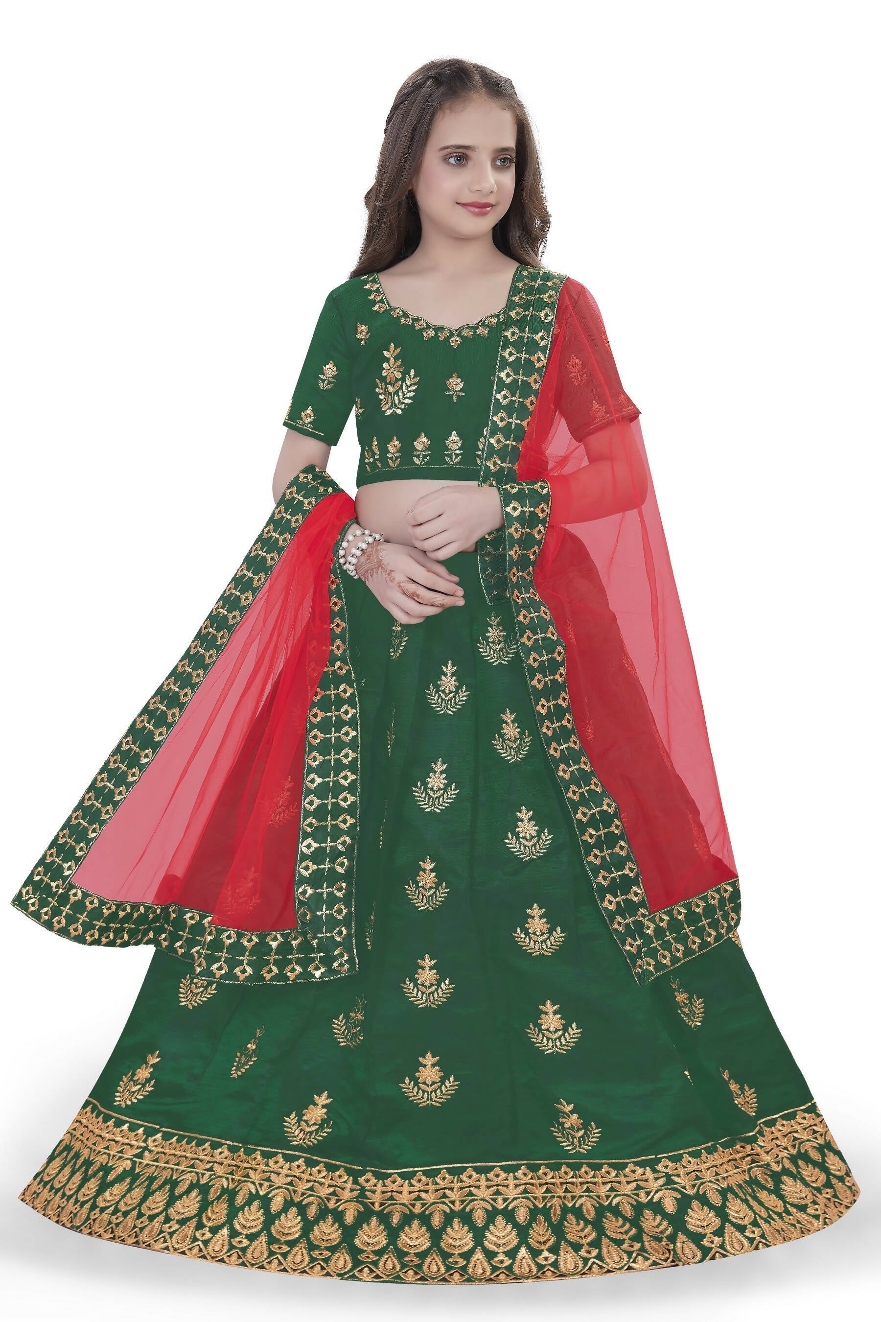 Dwiden Green Kamal Tafetta Sattin Semi-Stitched Girl's Lehenga Choli