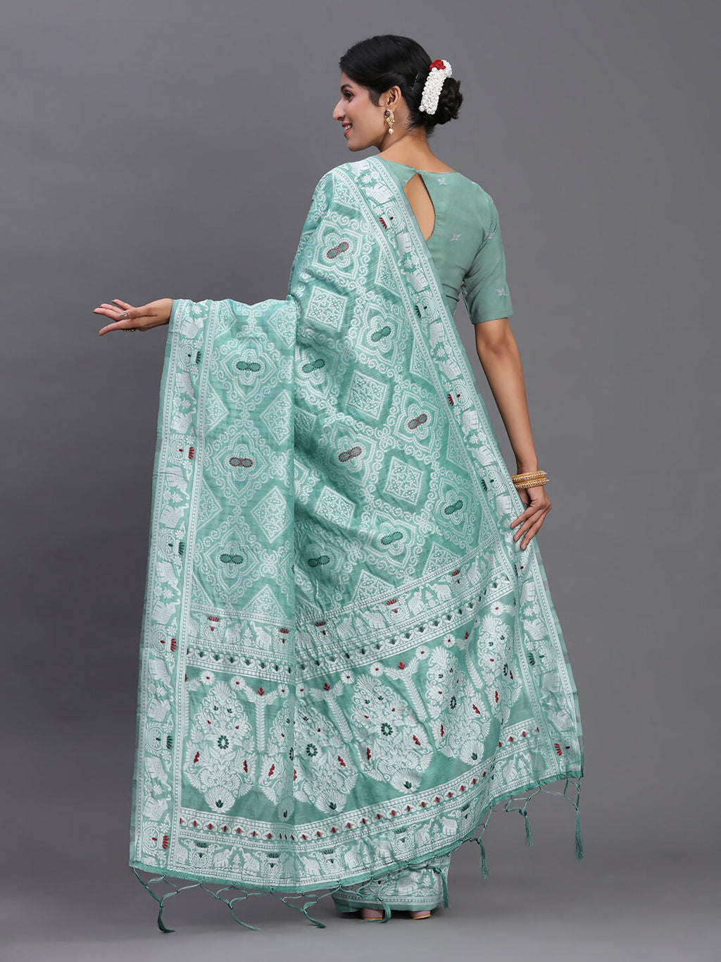 Shree Shyam Fashion Linen Cotton Sea Green Saree - Distacart