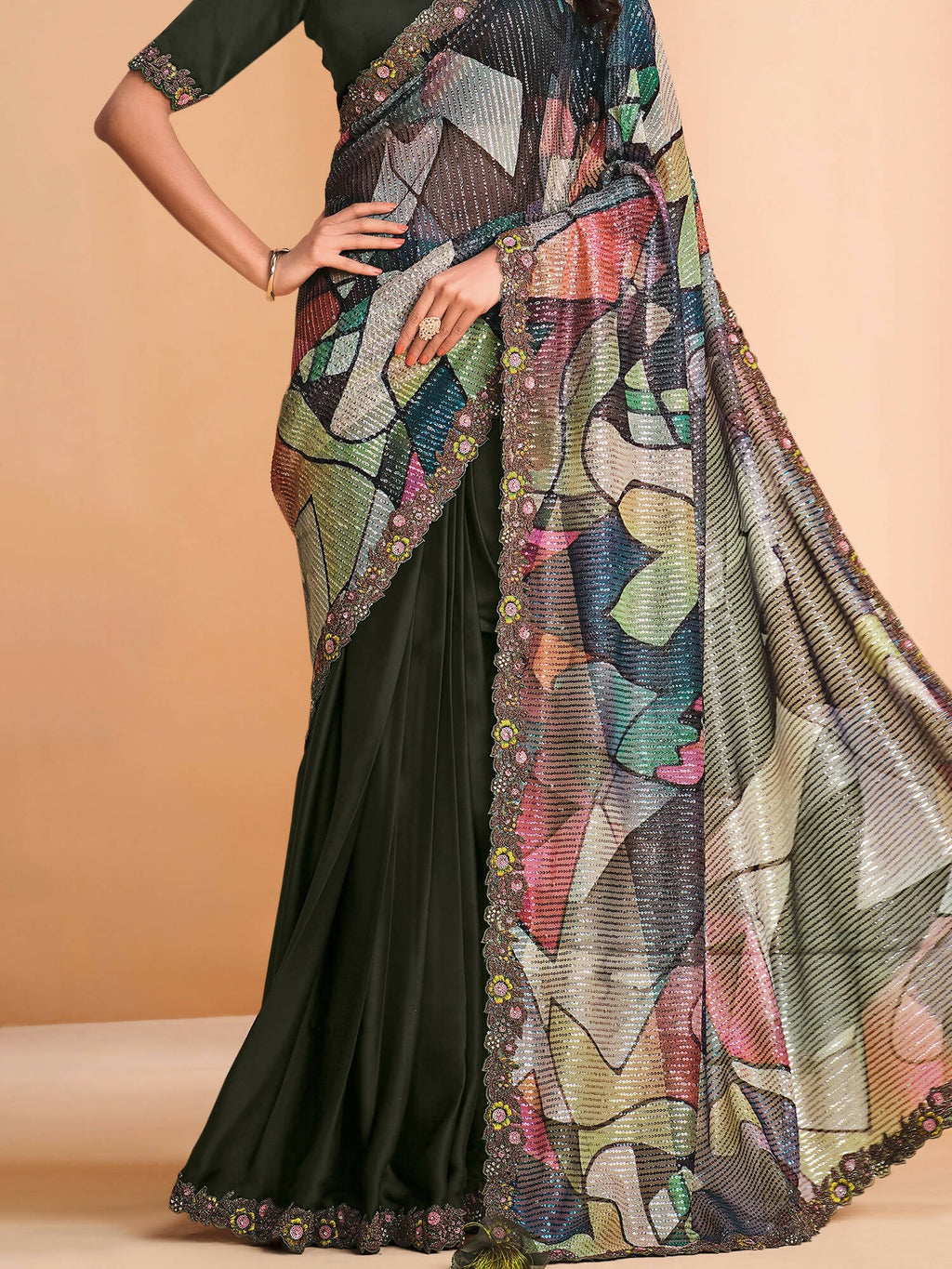 Green Satin Crepe Silk Sequence Embroidered Saree With Unstitched Blouse - Mohmanthan Yavanika