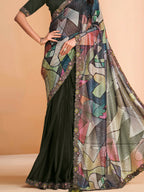 Green Satin Crepe Silk Sequence Embroidered Saree With Unstitched Blouse - Mohmanthan Yavanika