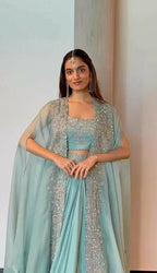 Jyoti Fashion Women's Sky Blue Chinon Sequins with Thread Embroidered Designer Lehenga Choli with Shrug Set