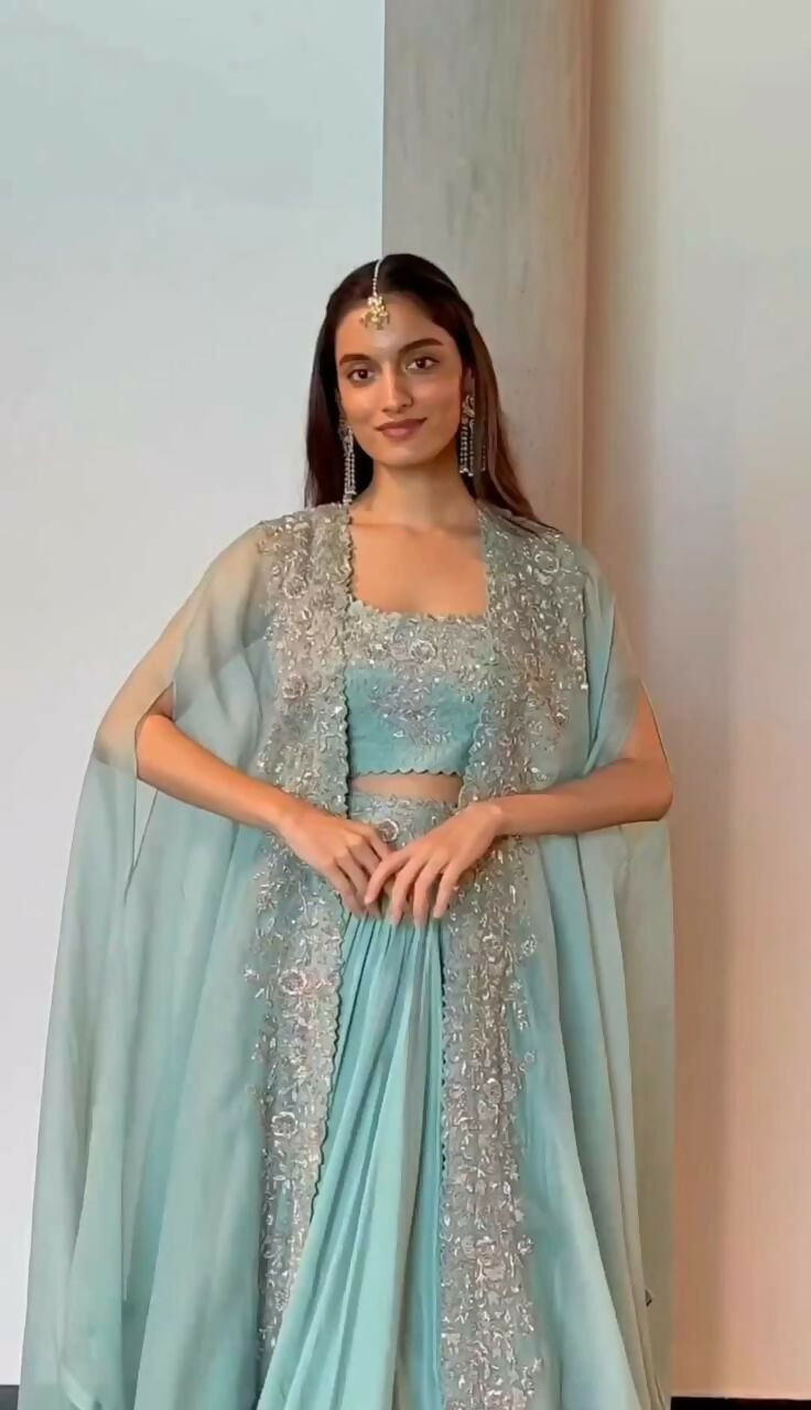 Jyoti Fashion Women's Sky Blue Chinon Sequins with Thread Embroidered Designer Lehenga Choli with Shrug Set
