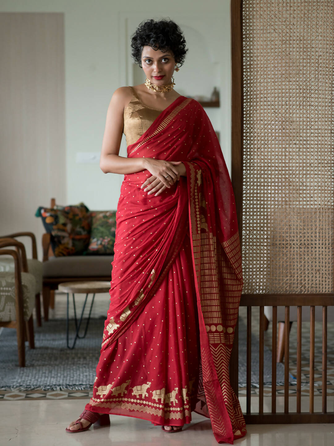Suta Red Polka Dots Cotton Blend Saree - Distacart