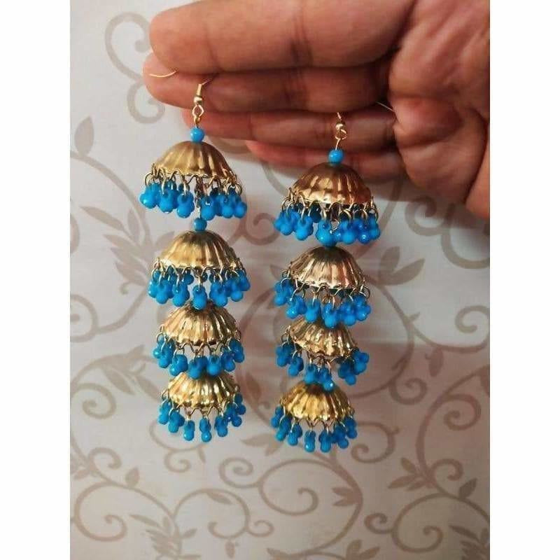 Umbrella Design Four Jhumka Latkan Hanging Blue Color Pearls Earrings