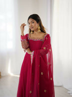 Joban Fashion Red Georgette Sequence Embroidery Work Readymade Kurta Set - Distacart