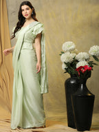 Light Green Silk Satin Sequence Work Ready to Wear Saree with stitched Blouse - Nirvana