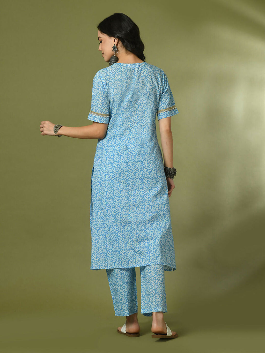 Myshka Women's Blue Printed Cotton Straight Party Kurta Set