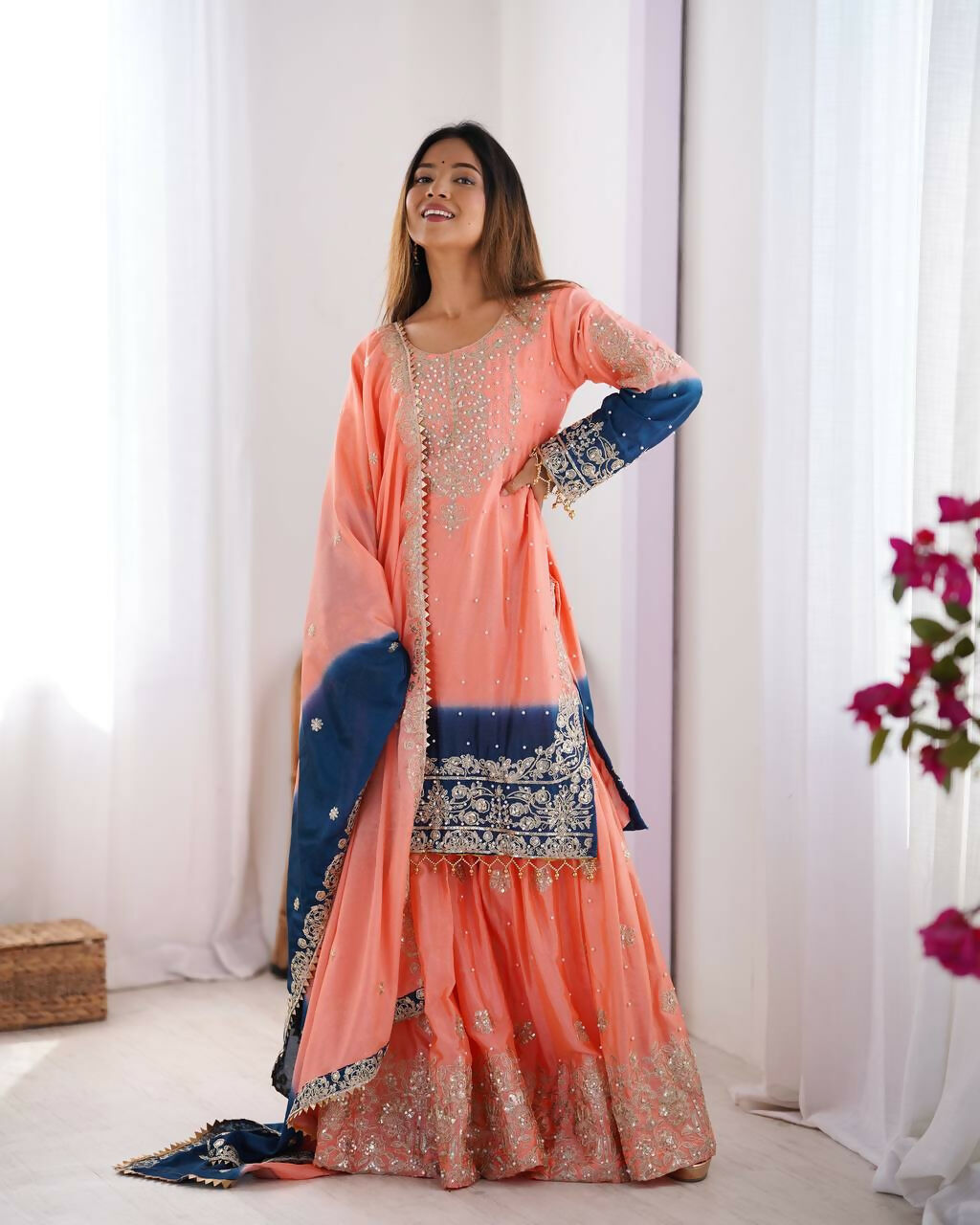 The52 Women's Beautiful Chinon silk Fabric Embroidery Work Straight Kurta Palazzo and Dupatta Set - Distacart