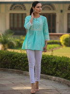 Juniper Women's Aqua Cambric Floral Printed Tunic - Distacart