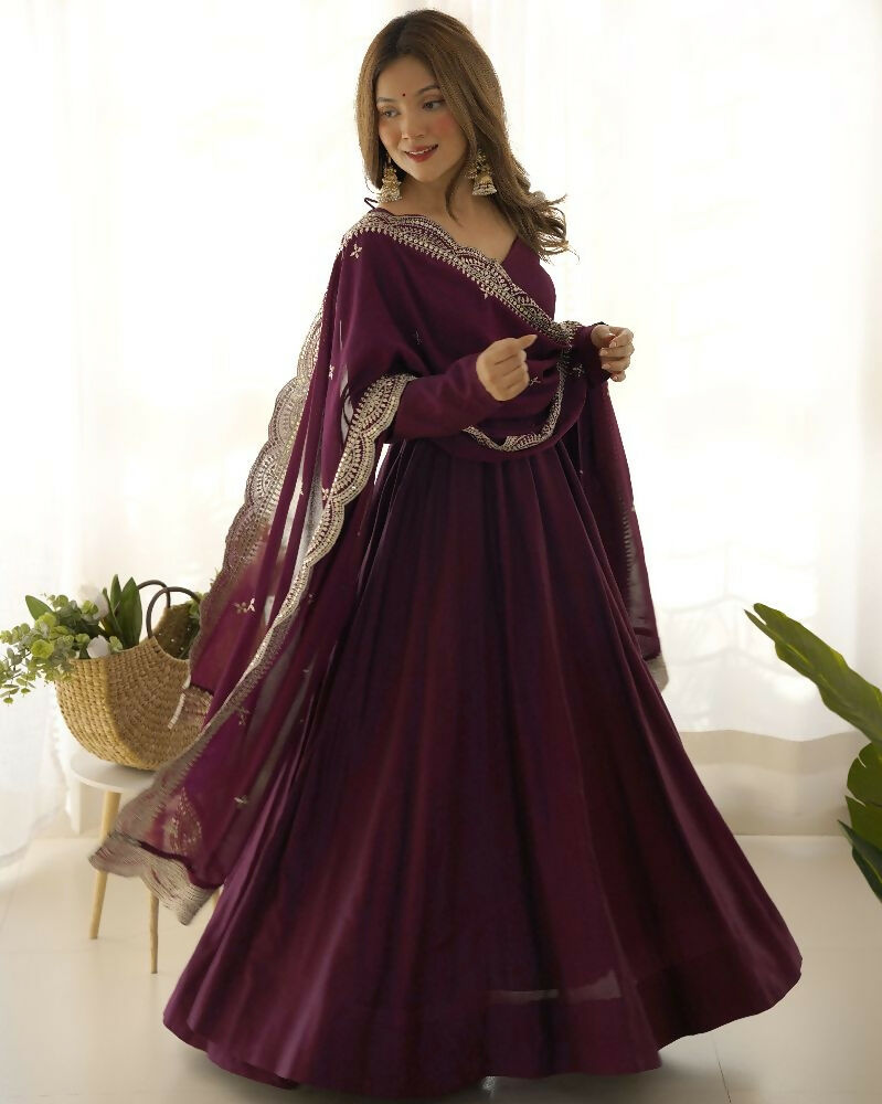 Joban Fashion Wine Kurta Set Chanderi Sequence Embroidery Work - Distacart