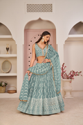 Eilara Mesmerizing Ocean Blue Butterfly Net White Cotton Thread Zari Sandwich Sequence Work Lehenga Choli For Wedding