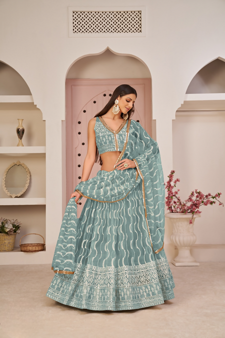 Eilara Mesmerizing Ocean Blue Butterfly Net White Cotton Thread Zari Sandwich Sequence Work Lehenga Choli For Wedding