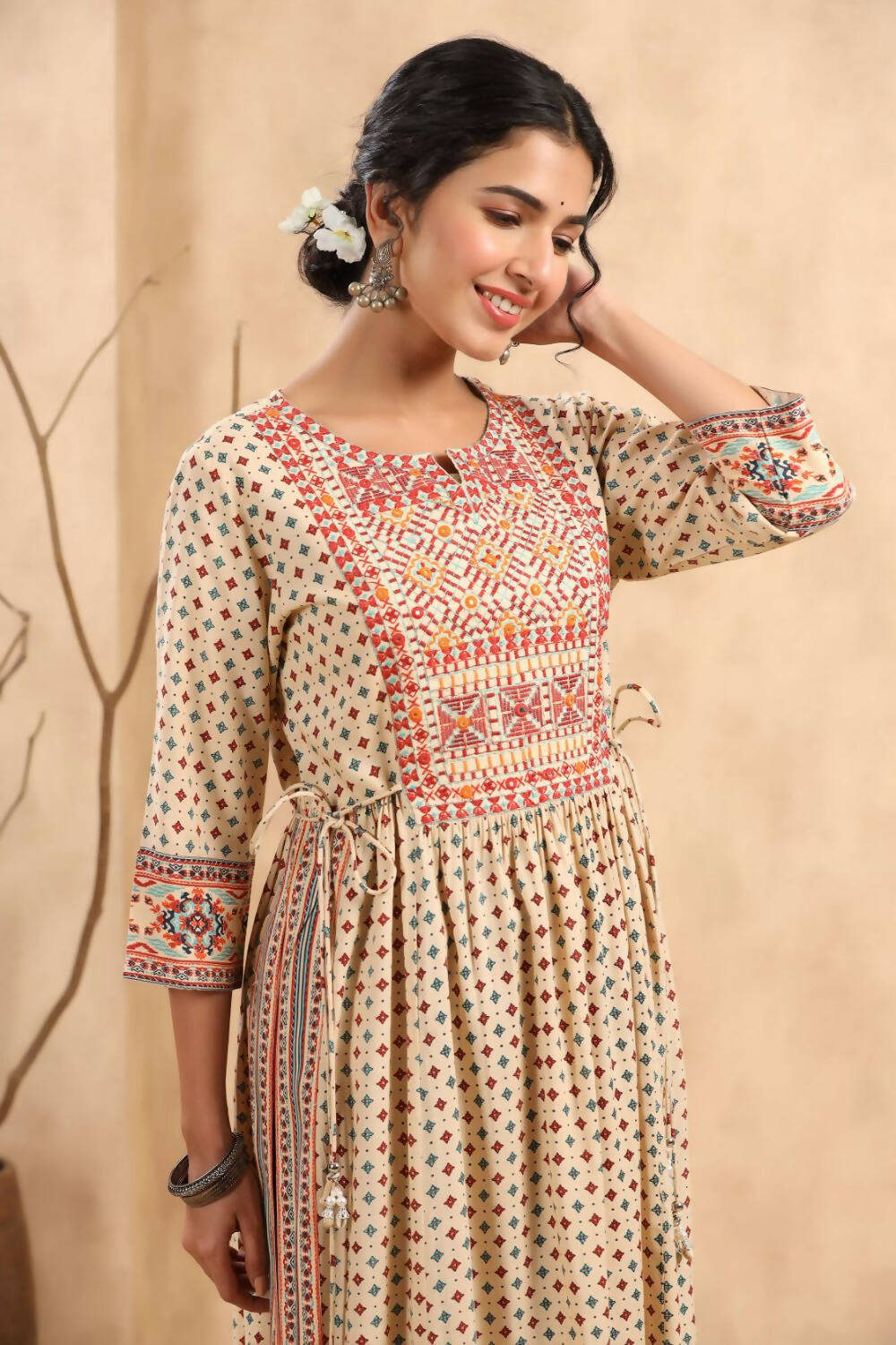 Juniper Women's Beige Rayon Printed Embroidered Straight Kurta - Distacart