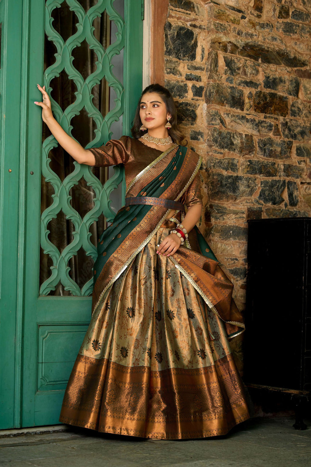 Vastranavya Traditional Jacquard Silk Zari Weaving Silk Lehenga Choli - Green