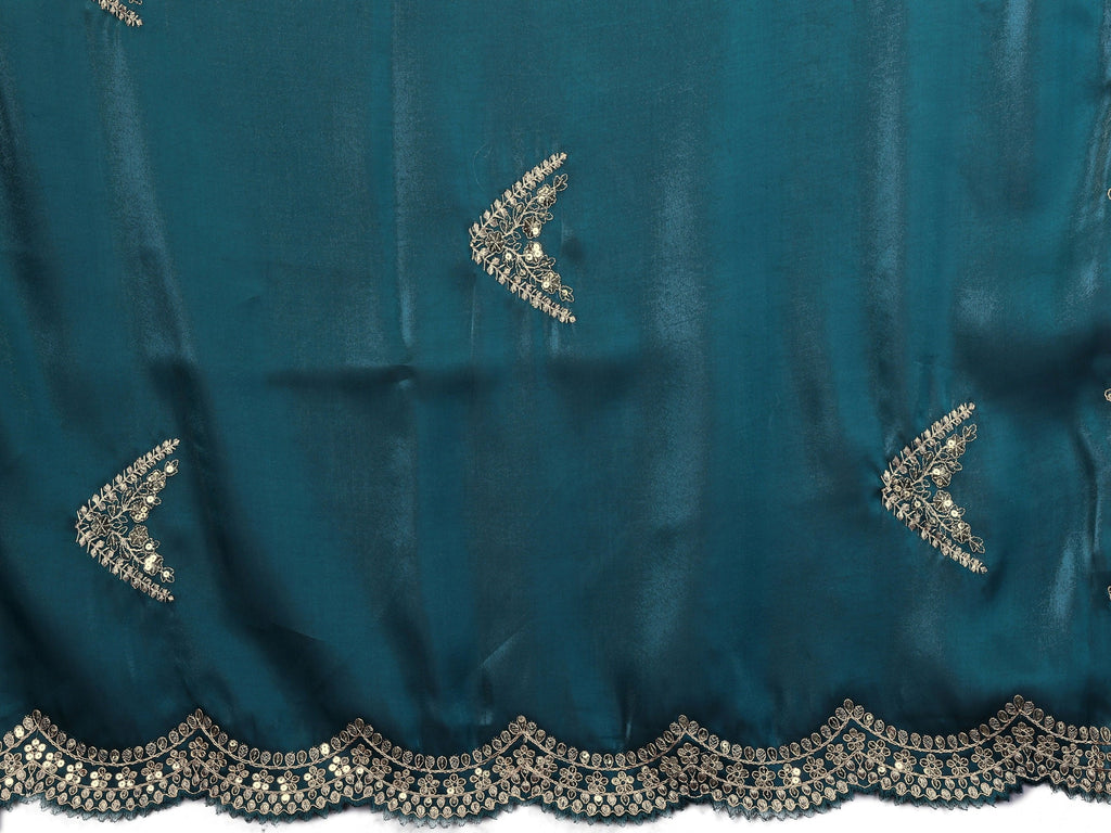 Vastranavya Teal Embroidery Work Shimmer Chiffon Saree with Unstitched Blouse - Distacart