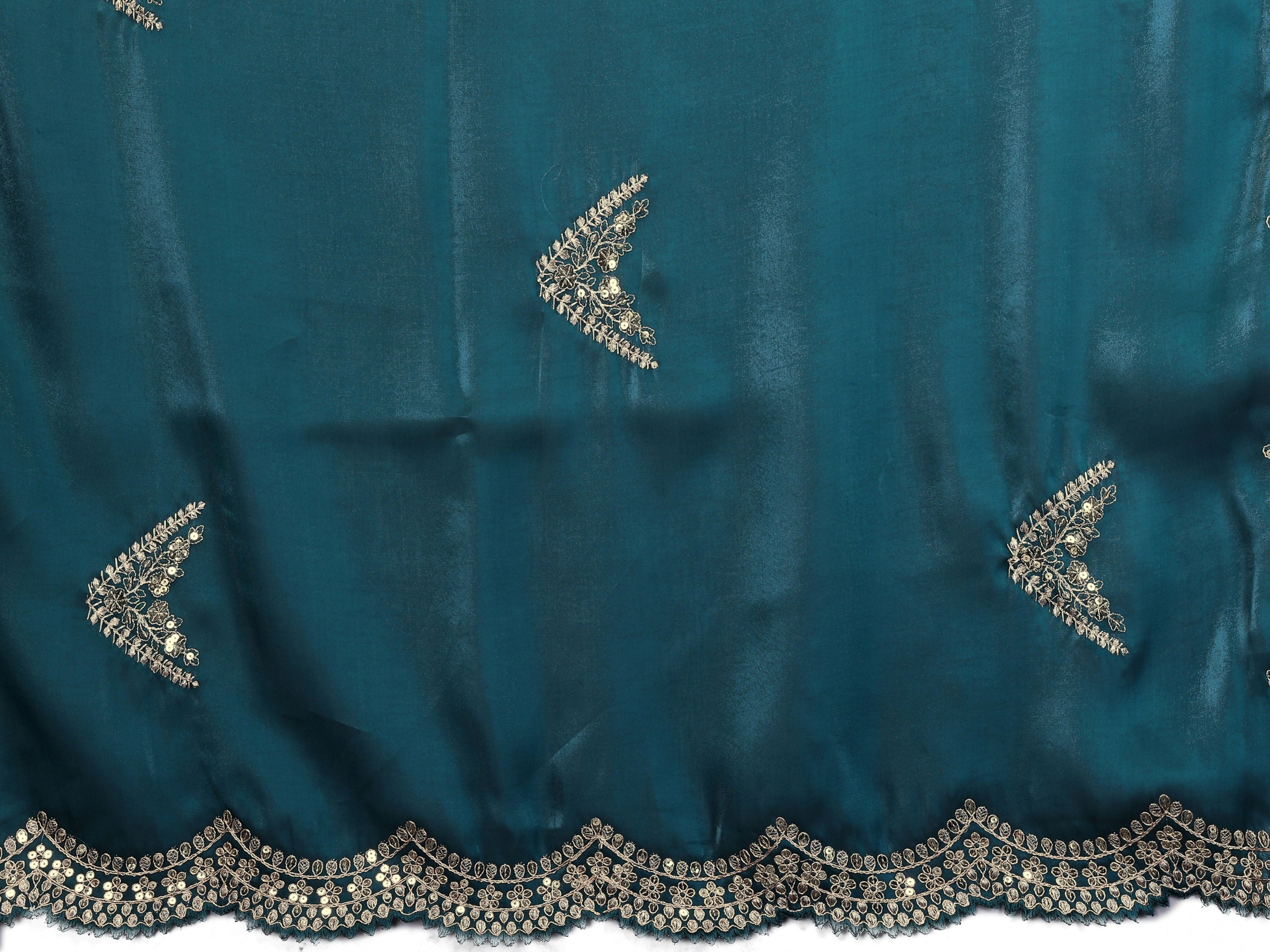 Vastranavya Teal Embroidery Work Shimmer Chiffon Saree with Unstitched Blouse - Distacart