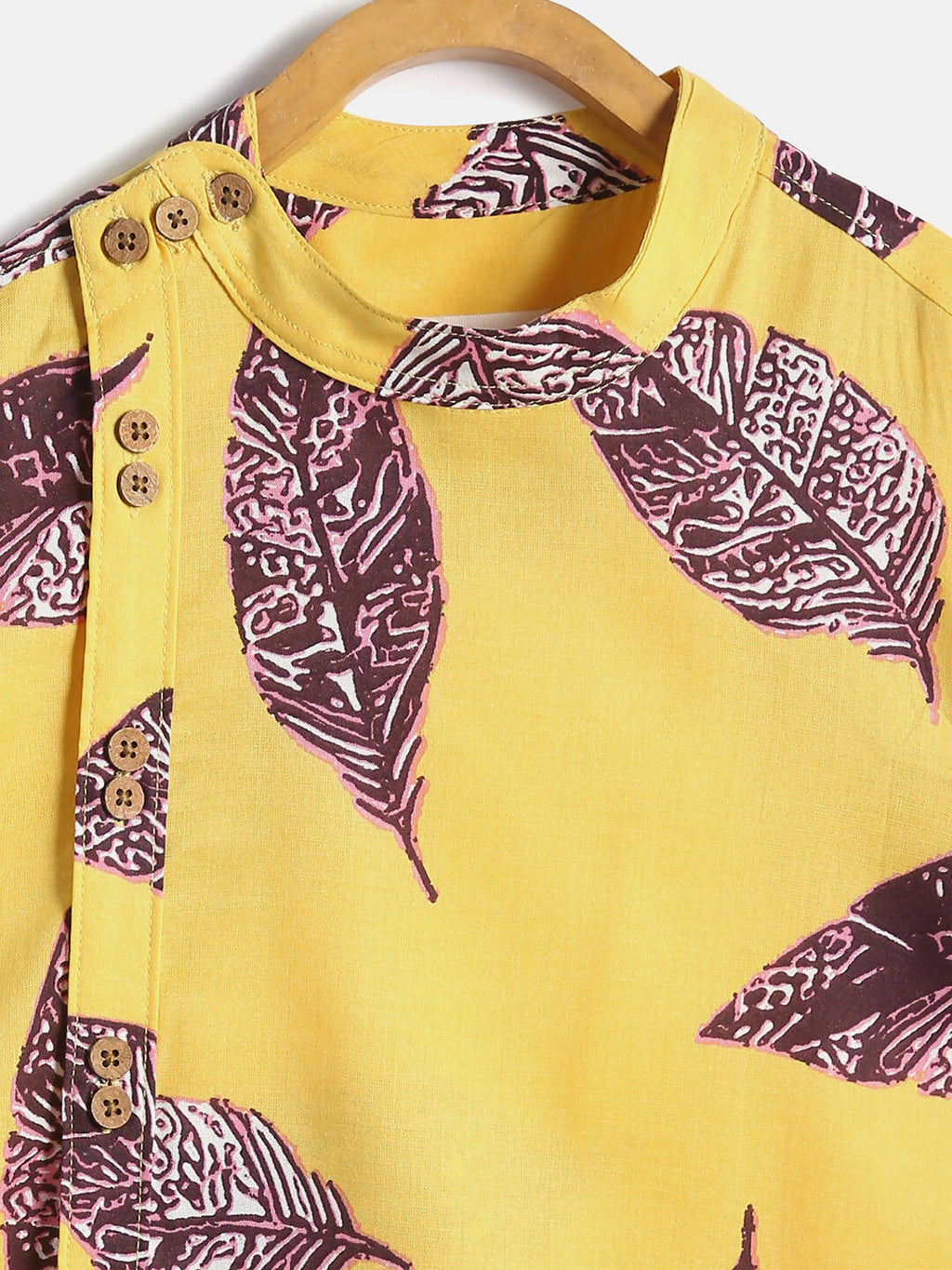 Manet Ethnic Full Sleeves Big Leaf Printed Shirt - Yellow