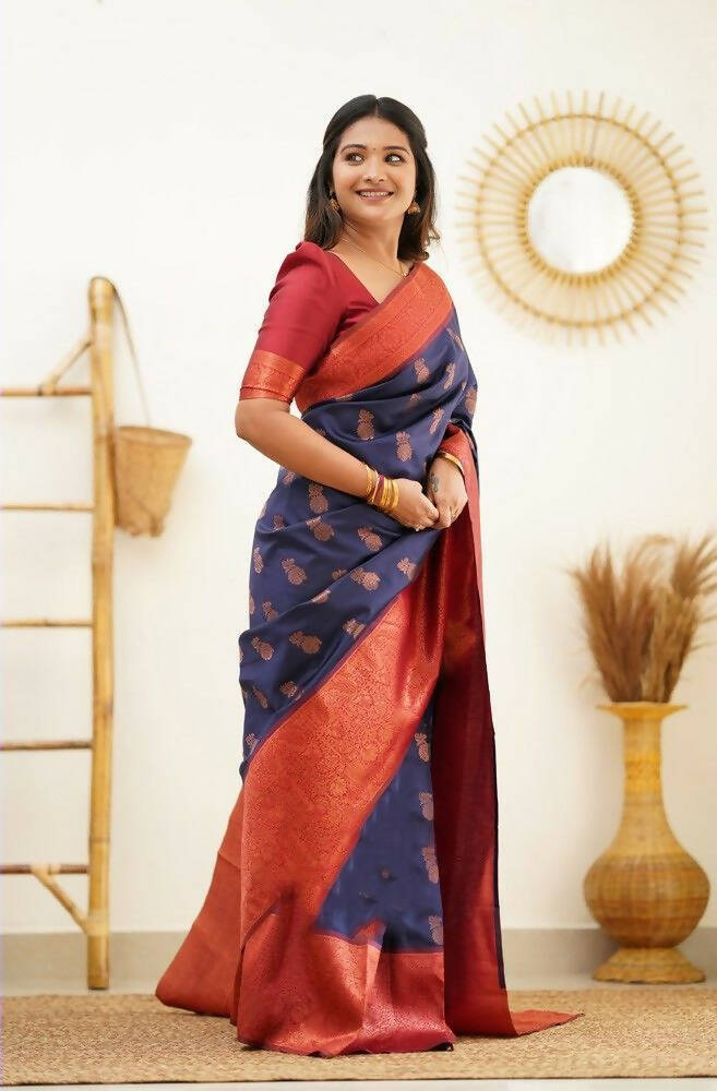 DEIANA'S Beautiful Designer Golden zari Soft Lichi Silk Saree - Blue
