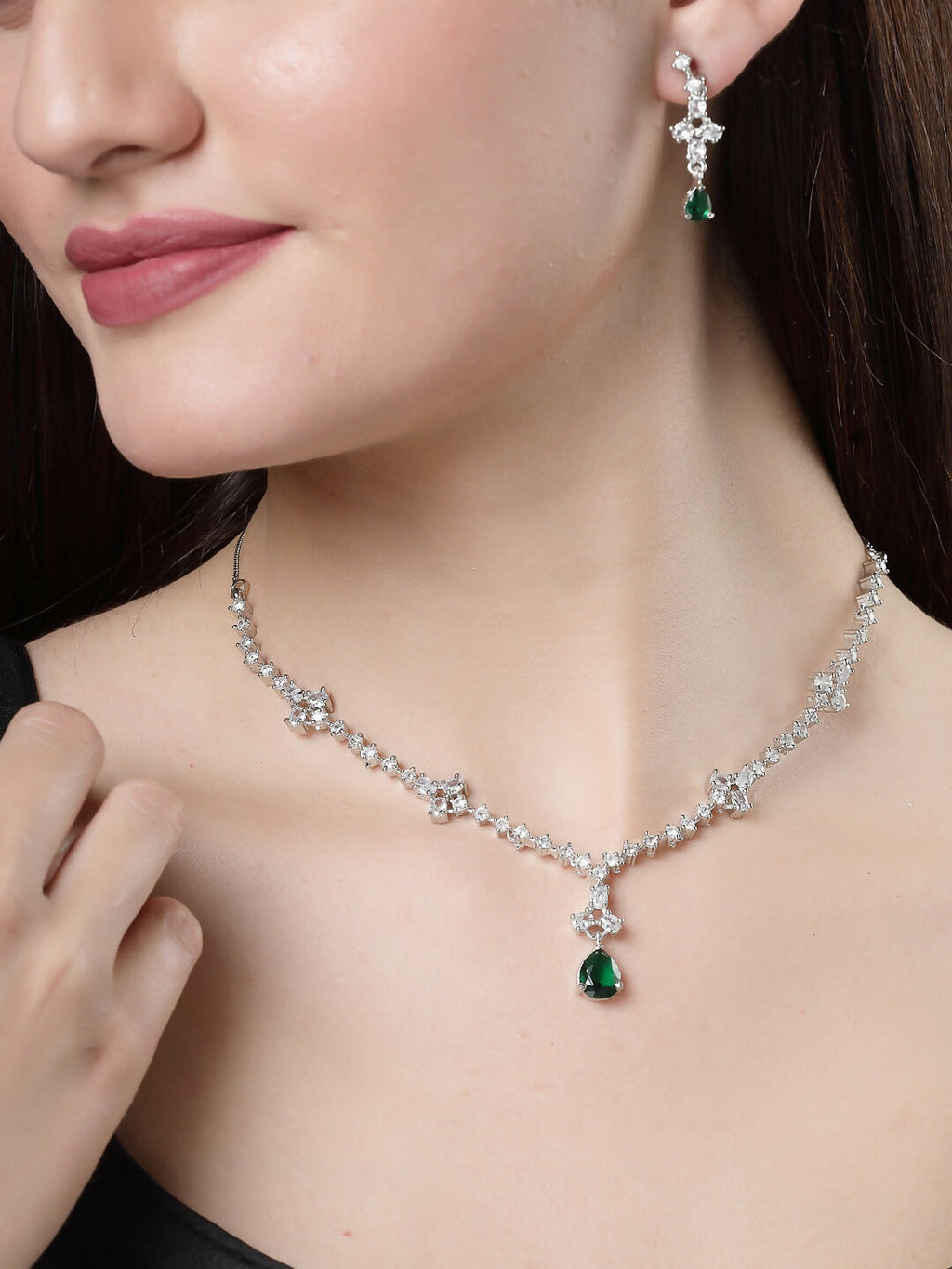 NVR Women's Silver-Plated Green American Diamond Studded Jewellery Set