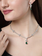 NVR Women's Silver-Plated Green American Diamond Studded Jewellery Set