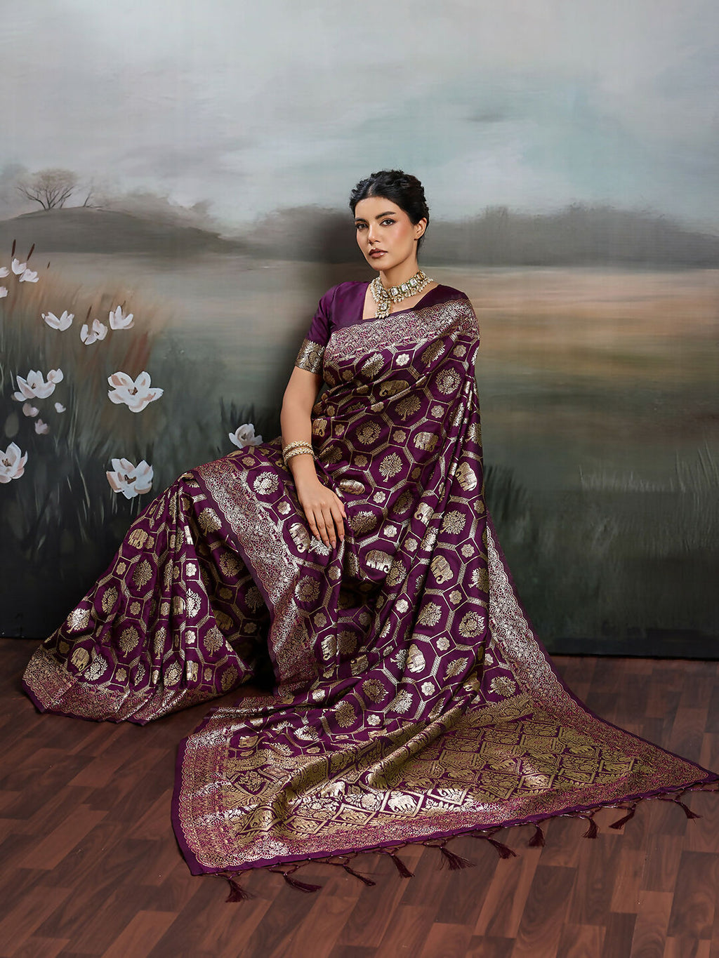 Shree Shyam Fashion Wine Silk Blend Saree - Distacart
