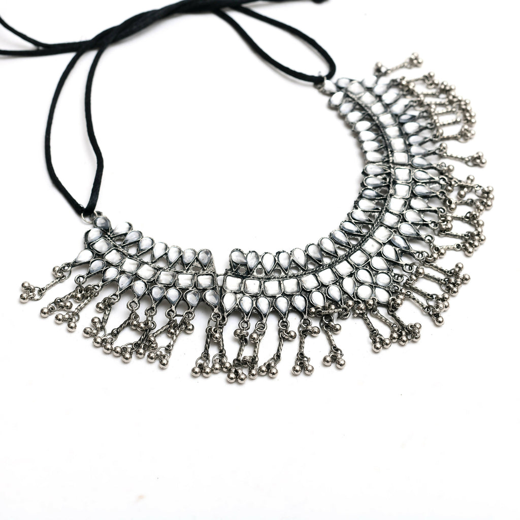 Mominos Fashion Johar Kamal Oxidised Silver-Plated Brass Finish Kundan Necklace For Women (Silver) - Distacart