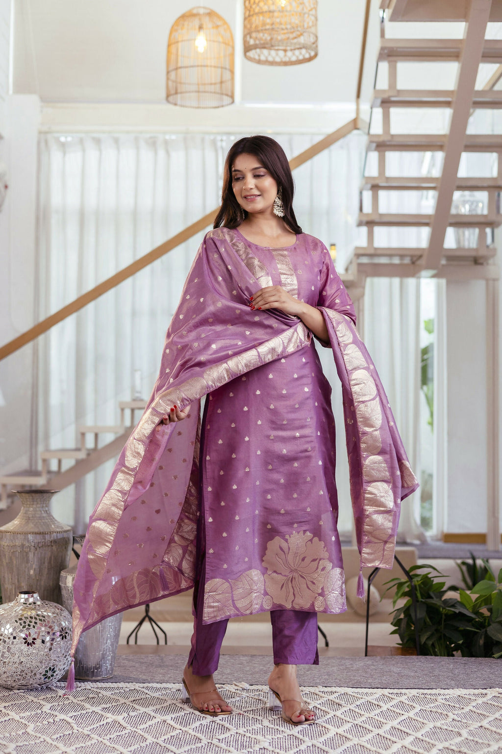 The52 Women's Beautiful Jacquard Butti Work Simmer Jacquard Fabric Straight Kurta Pant and Dupatta Set - Distacart